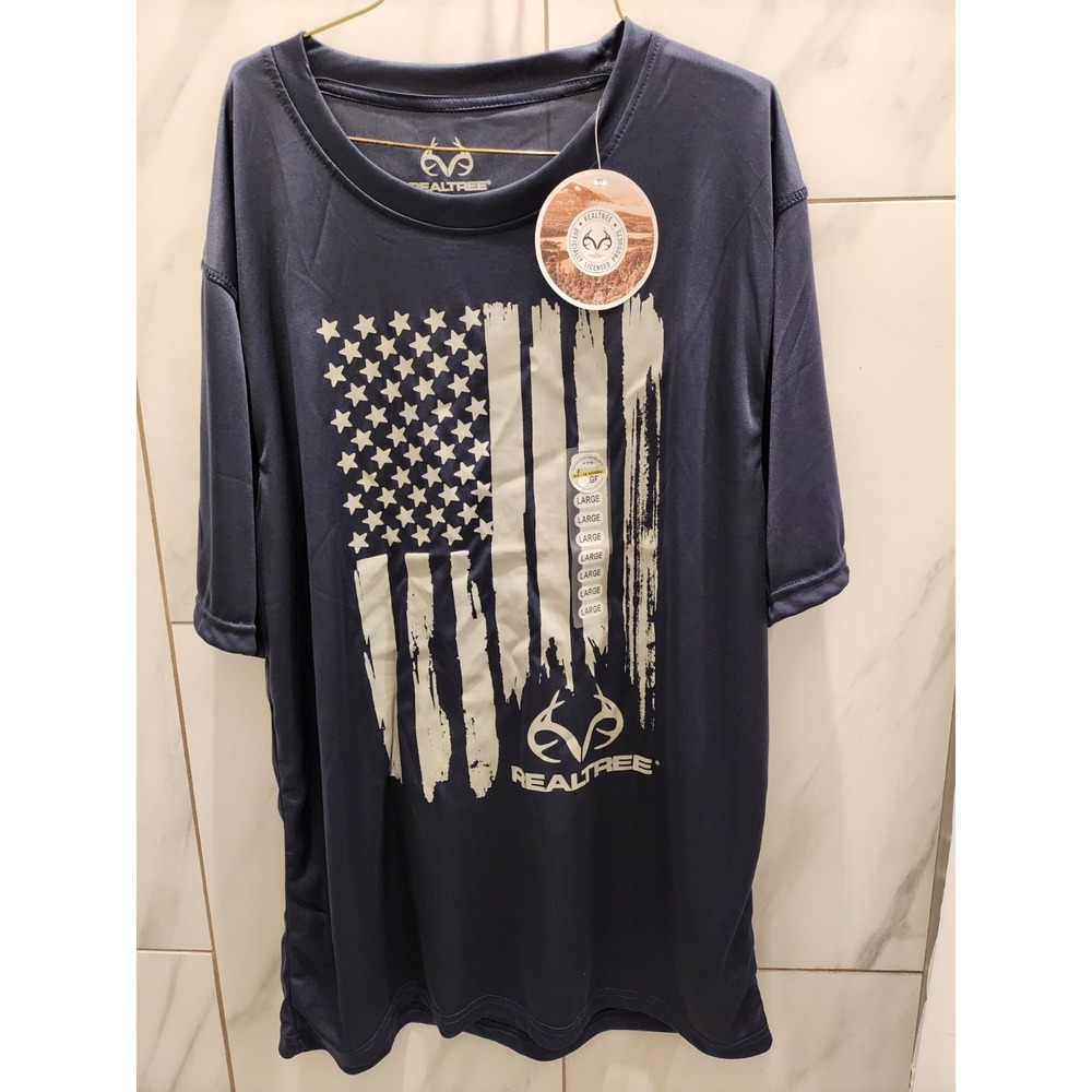 Realtree Men's Short Sleeve Blue Polyester T-Shirt, Size L, Gray Flag & Logo